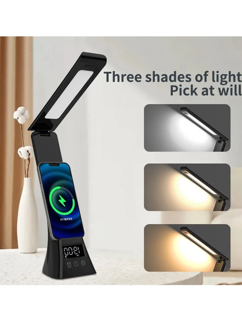 eye-care desk lamp with smartphone charging function, can be used as a cell phone holder, touch switch, with electronic clock and alarm clock, three soft light, with USB charging cable-1