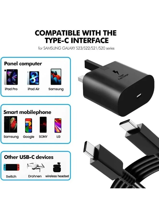 شاحن سريع لسامسونج جالكسي رأس شاحن مع كابل شحن 25 واط  (جودة واداء عالي) من بروماس, اس 24 الترا اس 24 بلس اس 24 واس 23 واس 23 الترا واس 23 واس 22 الترا واس 22 واس 22 واس 21 الترا, يأتي مع كابل منUCB C-2