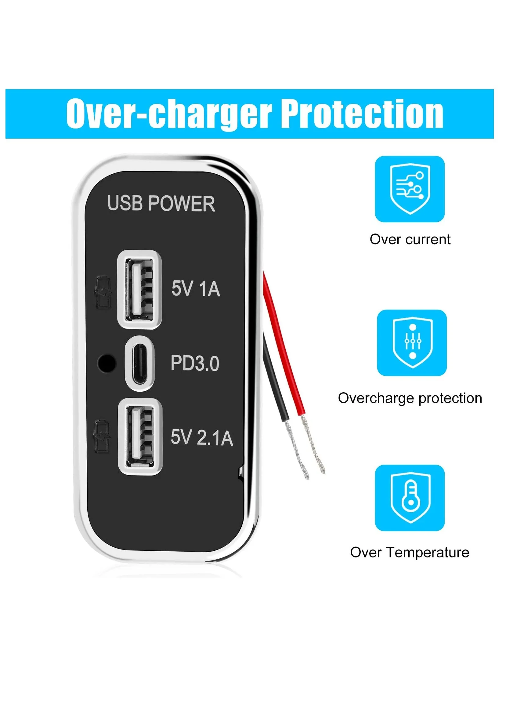 شحن سريع 3 منافذ منفذ USB 12 فولت، منفذ USB A مزدوج 3.1 أمبير، منفذ Type C PD QC 3.0، محول للسيارات الترفيهية والبحرية والدراجات النارية والشاحنات وعربات الجولف والهاتف 14 13 12، S22 S21 S20-2