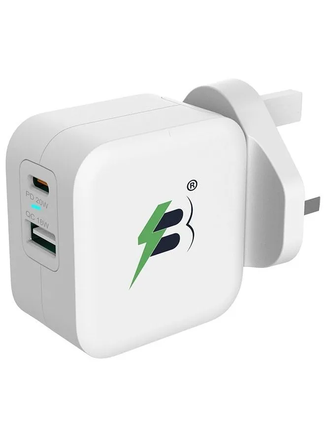 شاحن حائط سريع 2 منفذ (PD + USB) 38 واط (أبيض)-1