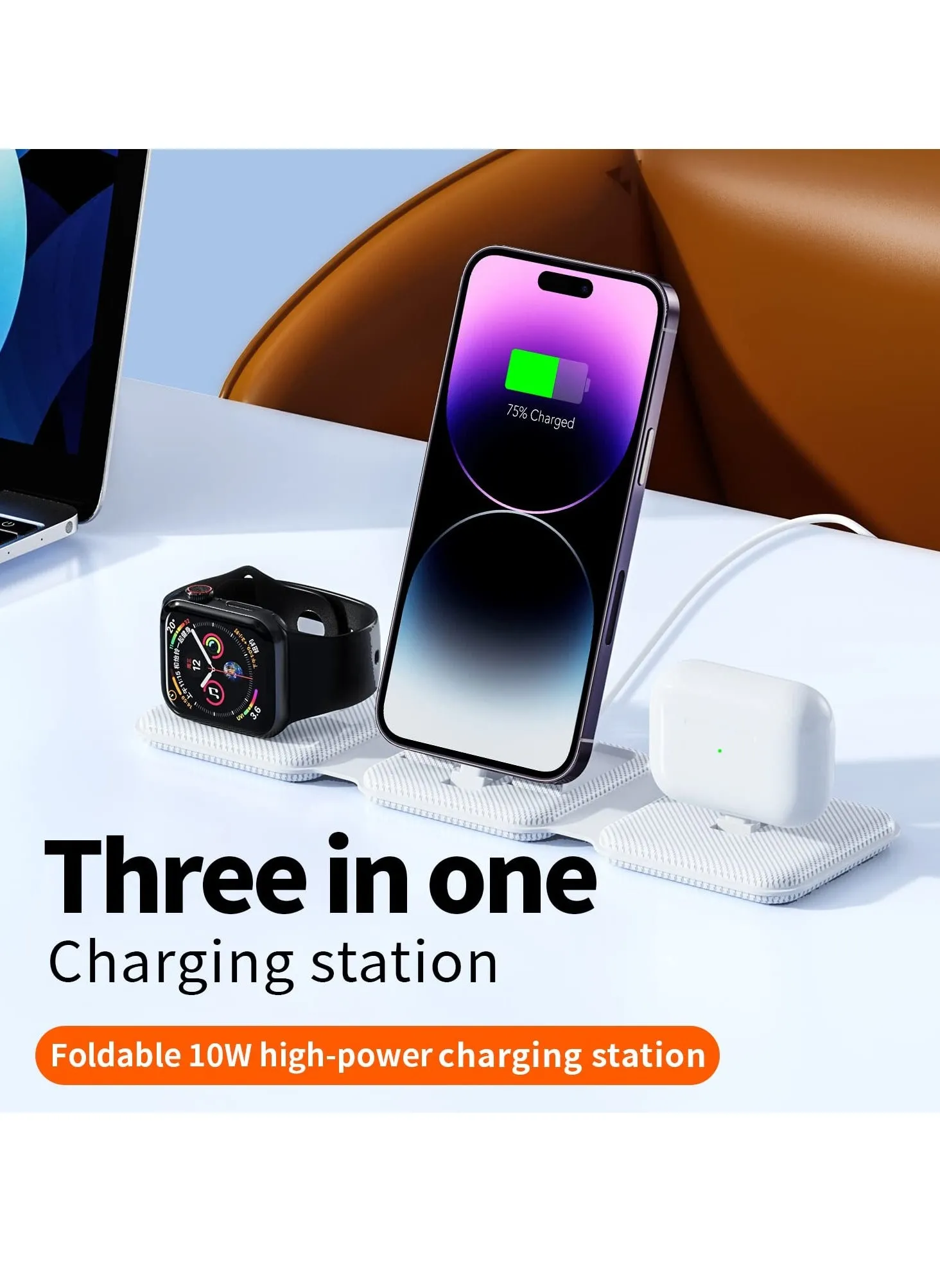 Foldable 3 in 1 Charging Station, Protable Travel Charger Dock Stand for iPhone Multiple Devices, 10W Fast Charging Pad for iPhone 14 Pro Max/13/12/11/X, For Airpods, For Apple Watch 8/Ultra/7/6/SE/5-2