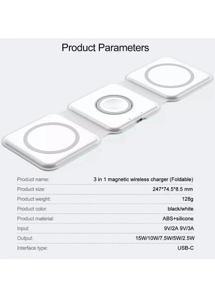 شاحن لاسلكي قابل للطي 3 في 1 للهاتف النحيف مغناطيسي QI 15W سريع الشحن 3 في 1 شاحن لاسلكي أبيض-2