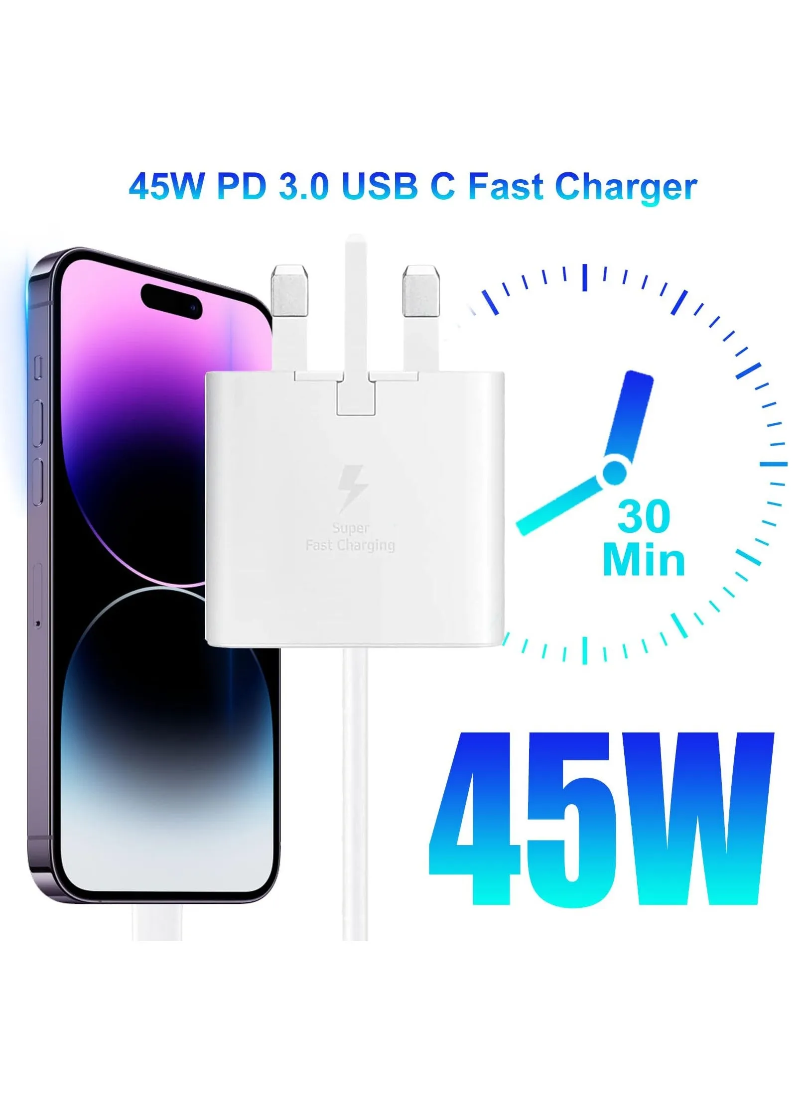 شاحن سامسونج 45 وات سريع من النوع C شاحن سامسونج فائق السرعة 45 وات مع كابل USB-c بطول 5 قدم شاحن أندرويد-2