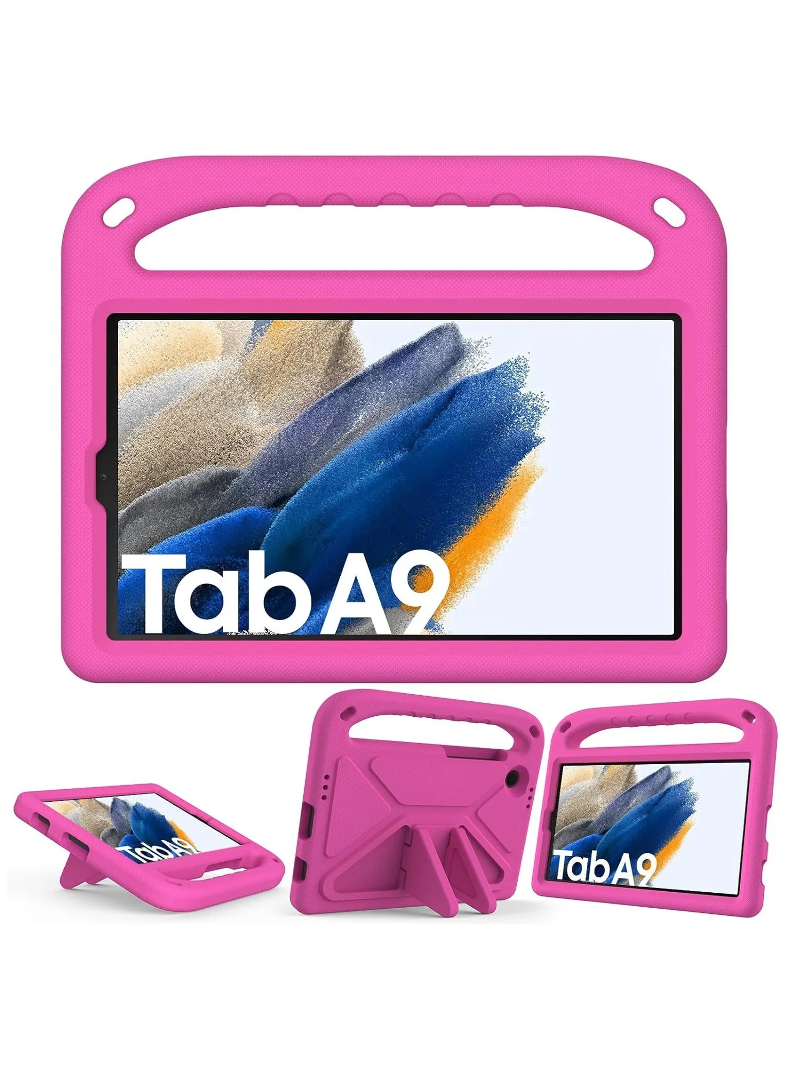 جراب للأطفال لجهاز Samsung Galaxy Tab A9 (2023) SM-X110 /SM-X115، جراب خفيف الوزن واقٍ مقاوم للصدمات من مادة EVA مناسب للأطفال، جراب متين بمقبض وحامل للكمبيوتر اللوحي (وردي)-1