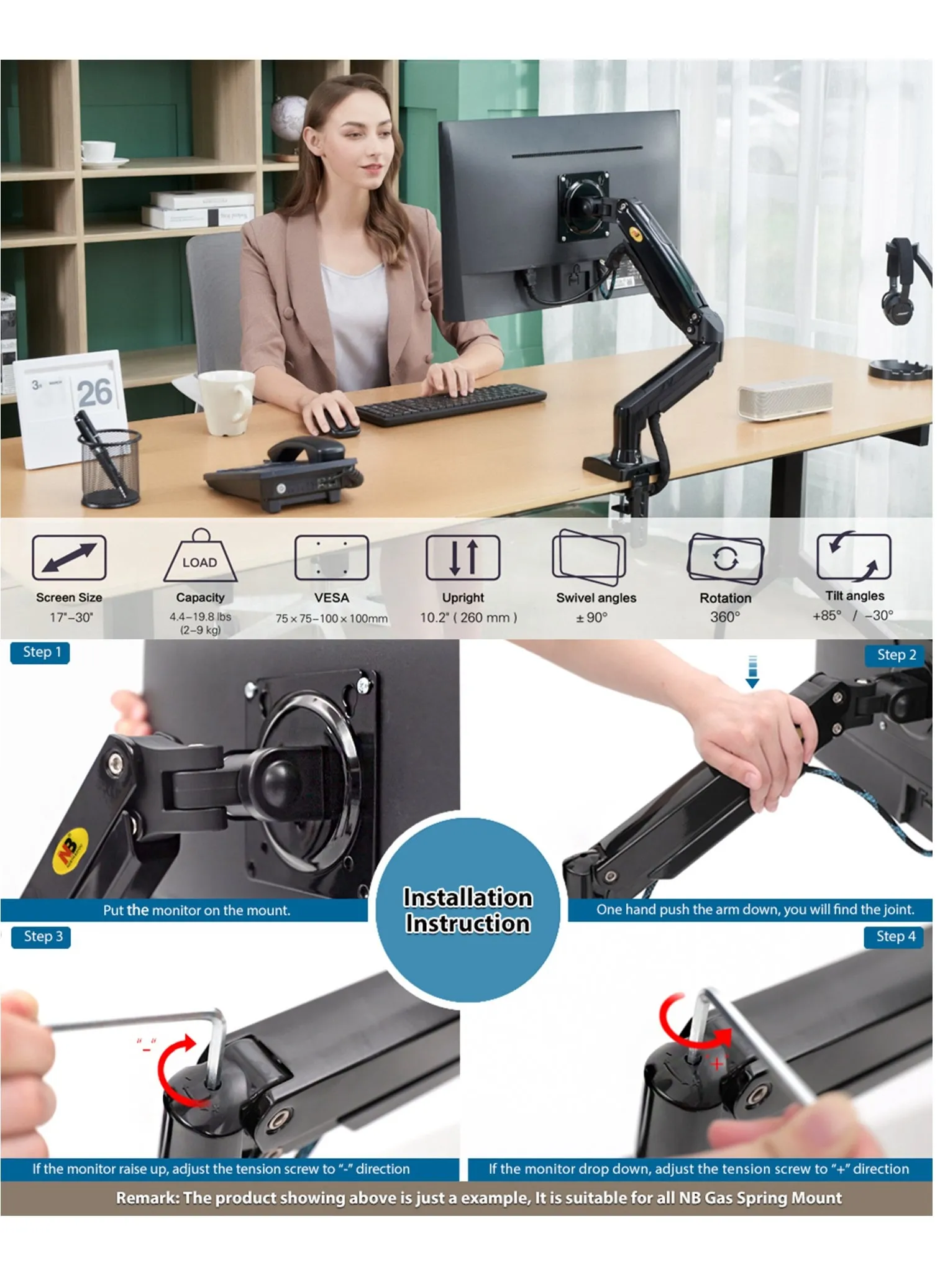 Full Motion Swivel Monitor Arm with Gas Spring for 17-30''Monitors(Within 4.4lbs to 19.8lbs),Monitor Desk Mount Computer Monitor Stand F80-2