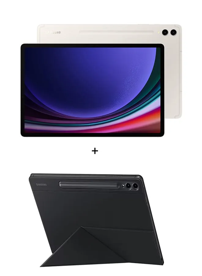 جهاز Galaxy Tab S9 باللون البيج، وذاكرة الوصول العشوائي (RAM) سعة 12 جيجابايت، وذاكرة الوصول العشوائي (RAM) سعة 256 جيجابايت، ويدعم تقنية 5G، مزود بغطاء ذكي للكتب - إصدار الشرق الأوسط-1