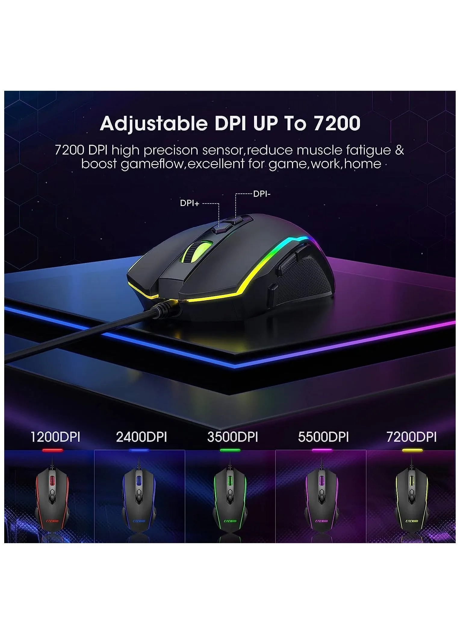 ماوس ألعاب سلكي RGB Spectrum ماوس مريح بإضاءة خلفية، 7200 نقطة في البوصة ماوس ألعاب بمستشعر بصري، 8 أزرار قابلة للبرمجة، مقابض جانبية مطاطية، فئران كمبيوتر لنظام التشغيل Windows 7 8 10 XP أسود-2