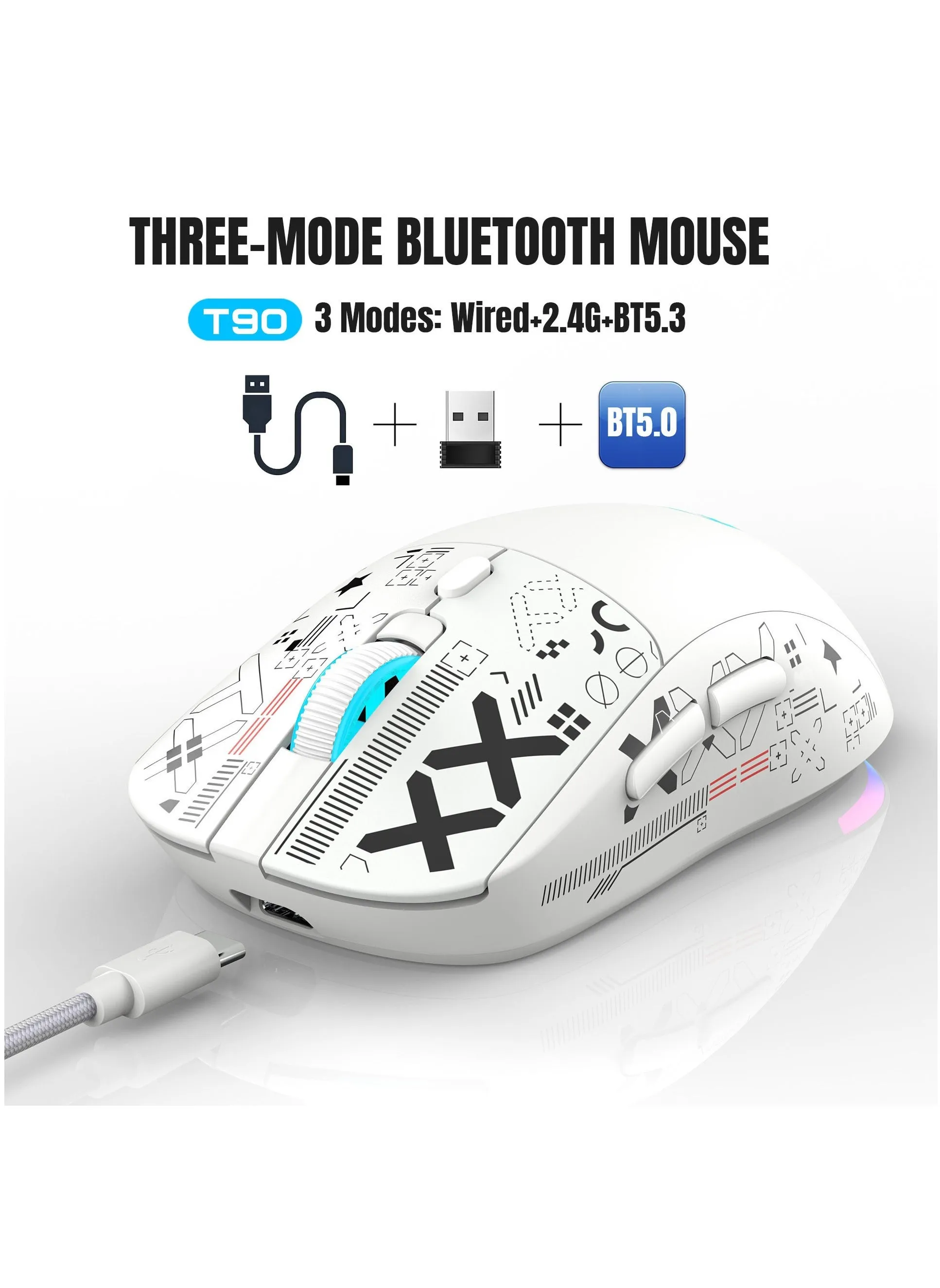 Gaming Mouse, Wired/Wireless/Bluetooth Tri Modes, Wireless Mouse for Laptop, Portable Type C Charging 5 Level DPI Mouse with 12 RGB Lighting Modes-2