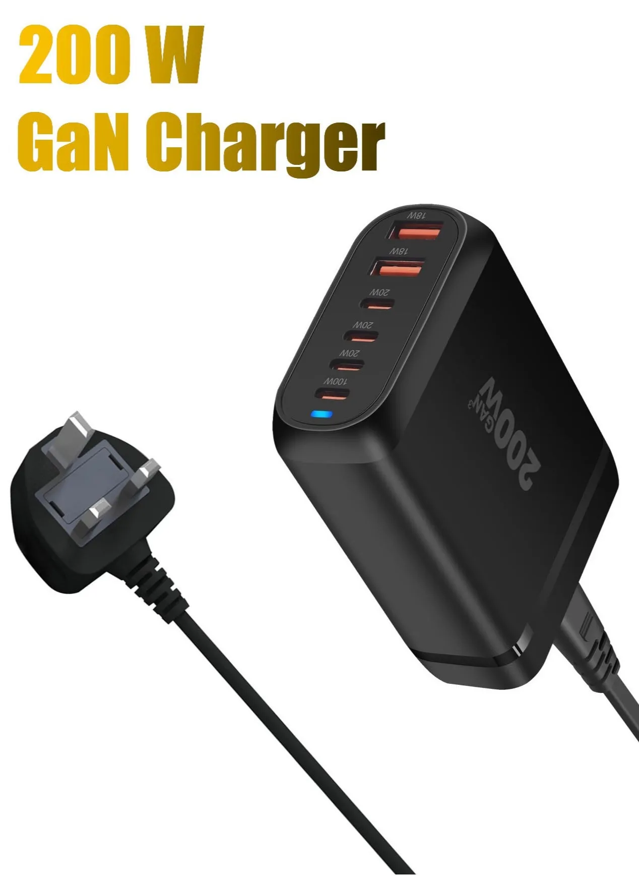 شاحن GaN 200 وات USB C بـ 4 منافذ من النوع C للشحن السريع، محول جداري يعمل كشريط طاقة بـ 4 منافذ USB C PD و 2 منافذ USB A QC لأجهزة MacBook وSamsung وiPhone وiPad - محطة شحن متعددة الوظائف فعالة-1