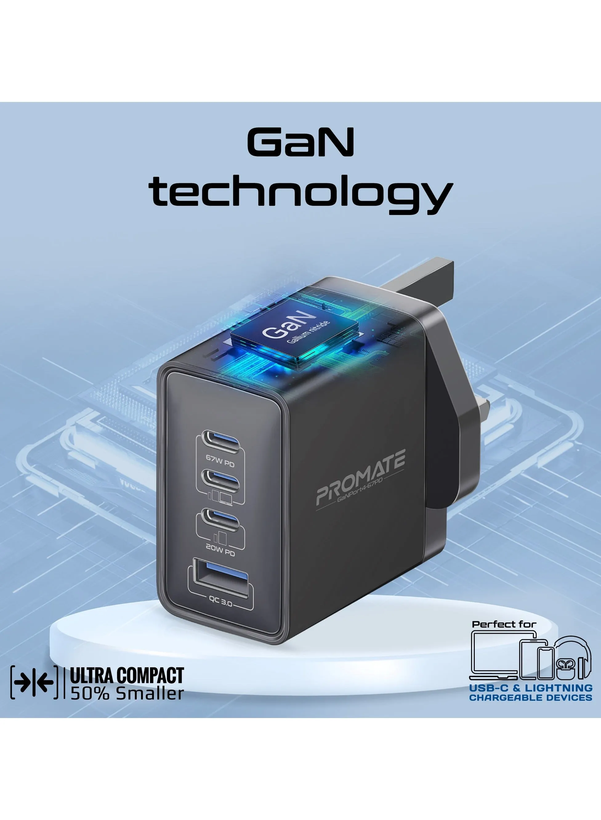 GaN USB-C™ Laptop Charger, Super-Fast 67W Dual USB-C™ Power Delivery Wall Charger With 22.5W Qc 3.0 Port, 20W Type-C™ Power Deliver Black-2