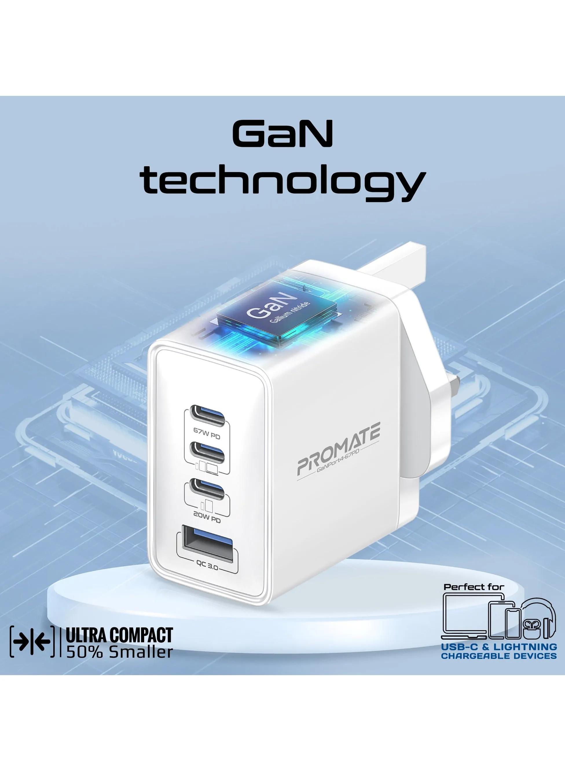 GaN USB-C™ Laptop Charger, Super-Fast 67W Dual USB-C™ Power Delivery Wall Charger With 22.5W QC 3.0 Port, 20W Type-C™ Power Deliver White-2