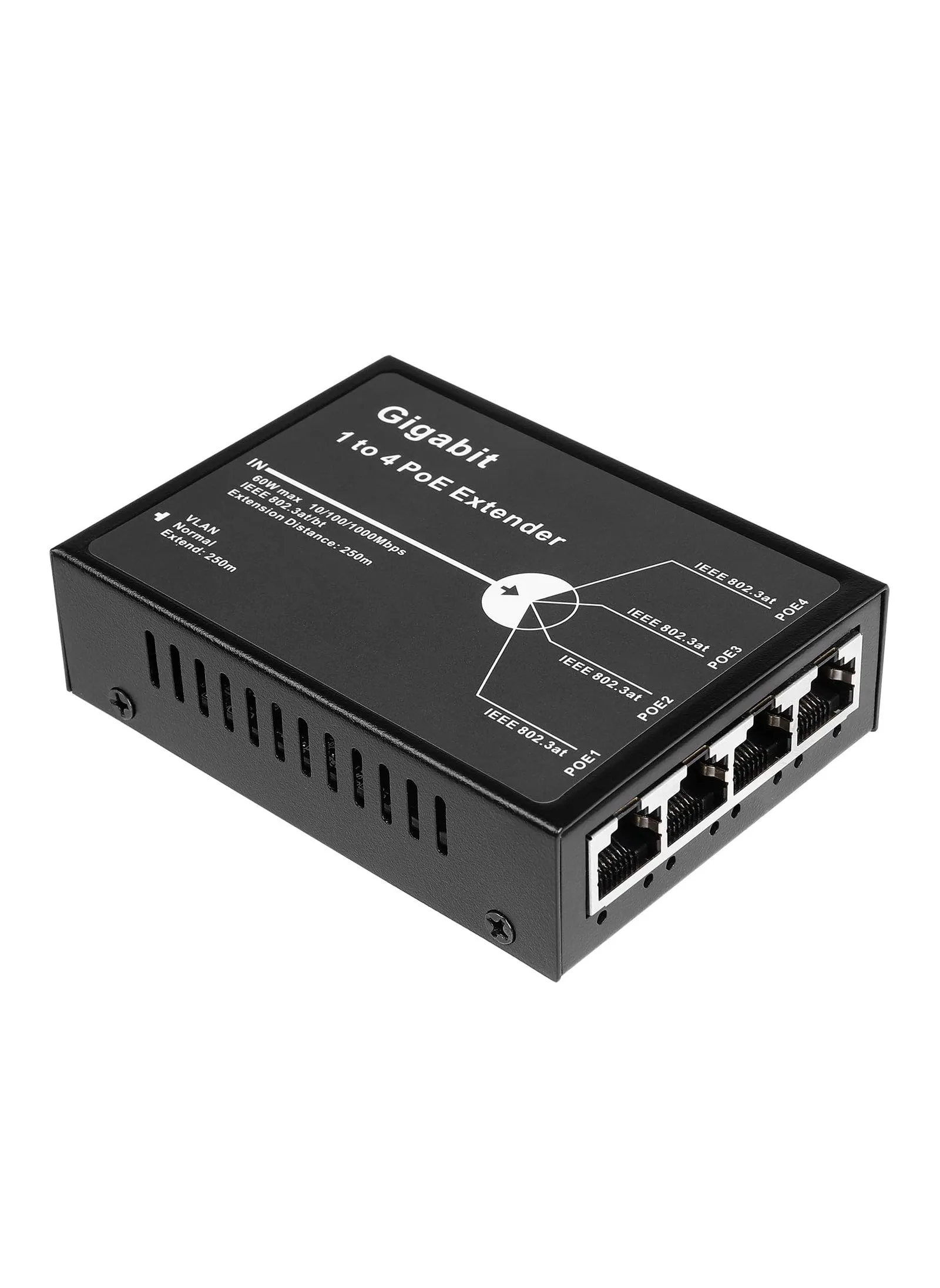 Gigabit 4 Port PoE Extender for High-Speed Networks, 10/100/1000Mbps  1 in 4 out PoE+ Repeater with 3 Mode Available, 802.3BT Input, 802.3at Output 30W, 100m/250m PoE Extension for PoE Device-1