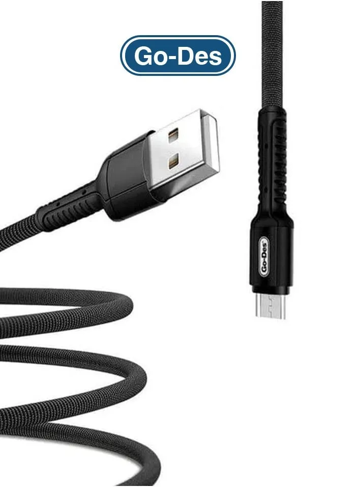 كابل بيانات Go-Des Micro USB فائق السرعة للشحن وسرعة نقل تصل إلى 480 ميجابت في الثانية مع مخرج 3A مجدول من النايلون متوافق مع جميع العلامات التجارية الكبرى بطول 1 متر أسود-2