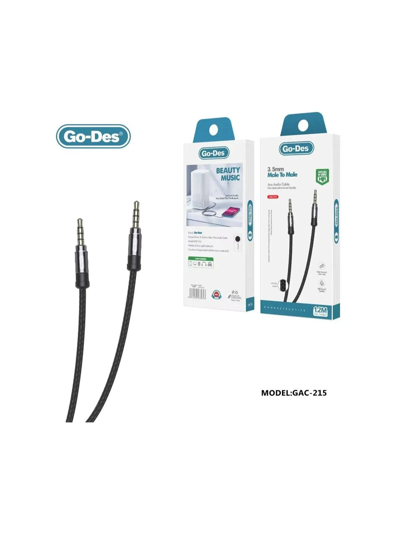 كابل صوت Aux من النايلون ذكر إلى ذكر من Go-Des بطول 1.2 متر GAC-215 - أسود-1