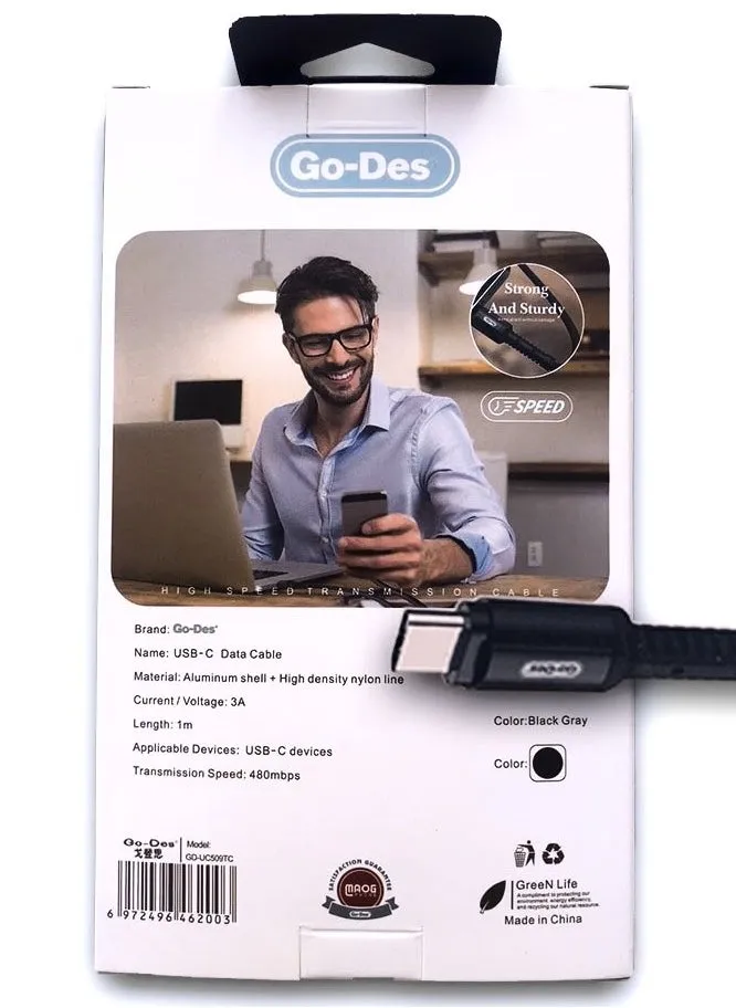 كابل بيانات شحن فائق السرعة من Go-Des USB إلى النوع C وسرعة نقل تصل إلى 480 ميجابت في الثانية مع مخرج 3A مجدول من النايلون متوافق مع جميع العلامات التجارية الكبرى بطول 1 متر أسود-2