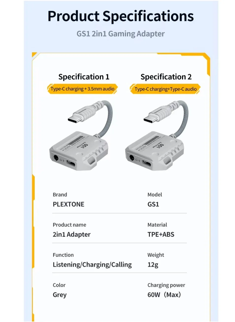 محول شحن  بليكستون GS1 سريع 2 في 1 بقوة 100 وات من نوع Pd، من USB-c إلى منفذين تايب سي، من النوع C إلى كابل صوت، محول شحن سريع عالي الدقة بقوة 60 وات اللون ابيض-2