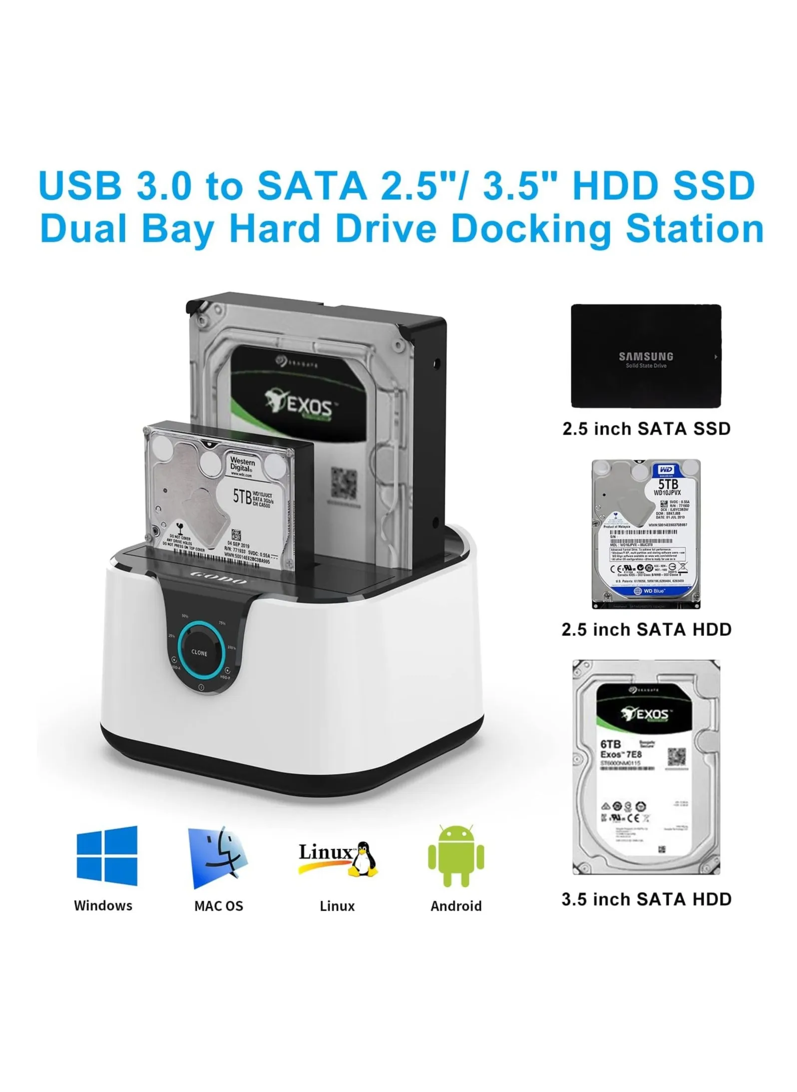 حاوية محرك الأقراص الصلبة، محطة إرساء محرك الأقراص الصلبة الخارجي USB 3.0 إلى SATA III Mini Dual Bay، محطة إرساء محرك الأقراص الصلبة من الألومنيوم، لمحرك الأقراص الصلبة SSD مقاس 2.5/3.5 بوصة، تدعم الاستنساخ دون اتصال بالإنترنت، قابلة للتوصيل السريع، UASP-2