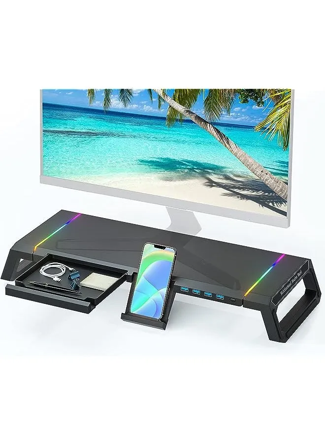 حامل شاشة Hawk RGB، حامل كمبيوتر محمول قابل للطي مع موزع USB 3.0، حامل شاشة كمبيوتر مع درج تخزين وحامل هاتف للكمبيوتر الشخصي/الكمبيوتر المحمول/iMac، أسود-1