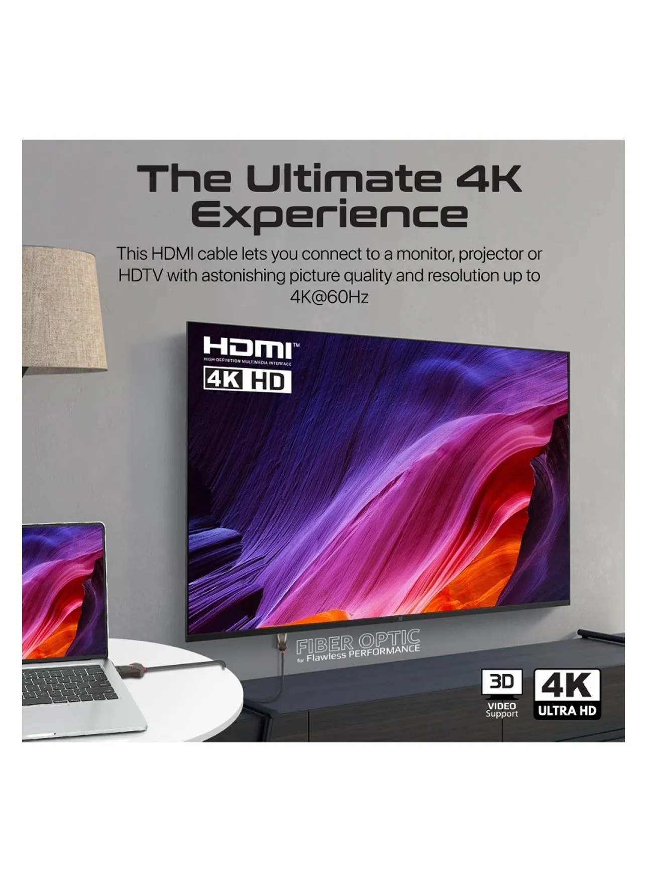 كابل HDMI 2.0، كابل HDMI إلى HDMI أحادي الاتجاه 4K@60 هرتز مع دعم فيديو ثلاثي الأبعاد، عرض نطاق ترددي 18 جيجابت في الثانية، إيثرنت، كابل ألياف بصرية 15 متر وموصلات مطلية بالذهب لأجهزة الكمبيوتر المحمولة والشاشات باللون الأسود-2