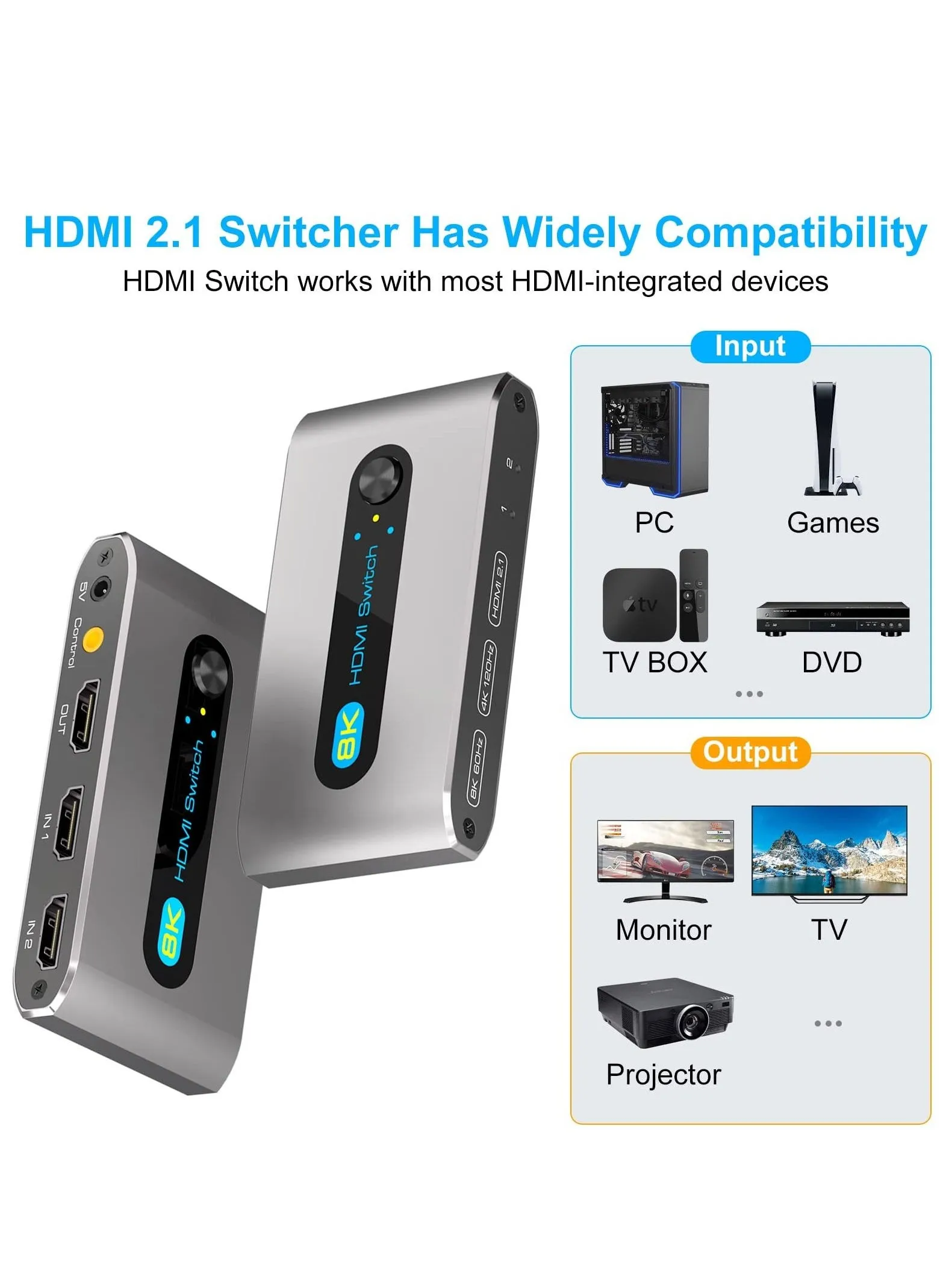 HDMI 2.1 Switch 8K 2 In 1 Out Switcher Port Support 60 هرتز 4K 120 هرتز HDCP 2.3 Ultra HD 3D لأجهزة Xbox PS4 PS5 Roku UHD TV Monitor Projector مع سلك تحكم سطح المكتب-2