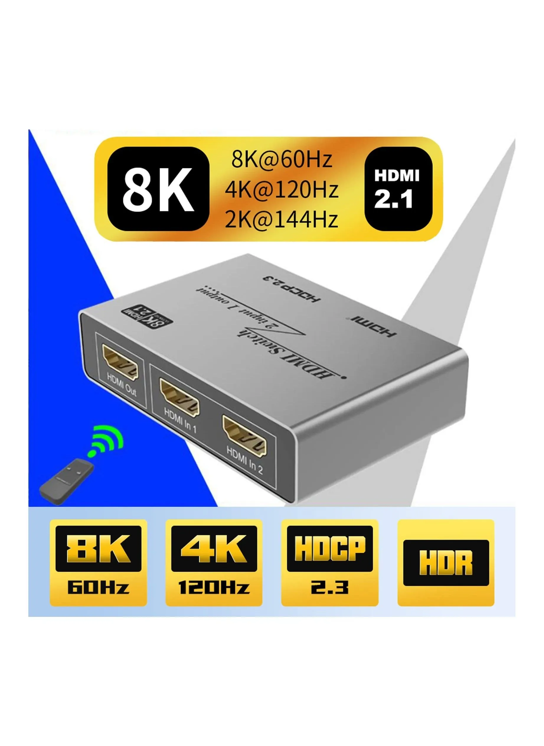 محول HDMI 2.1، موزع HDMI بدقة 8K، 2 في 1 مع جهاز تحكم عن بعد بالأشعة تحت الحمراء بدقة 8K بتردد 60 هرتز، بدقة 4K بتردد 120 هرتز، مدخلان ومخرج واحد، HDCP2.3 CEC لأجهزة Xbox وPS5 و4 مشغلات بلو راي وأجهزة الكمبيوتر المحمولة وأجهزة العرض والشاشات-2