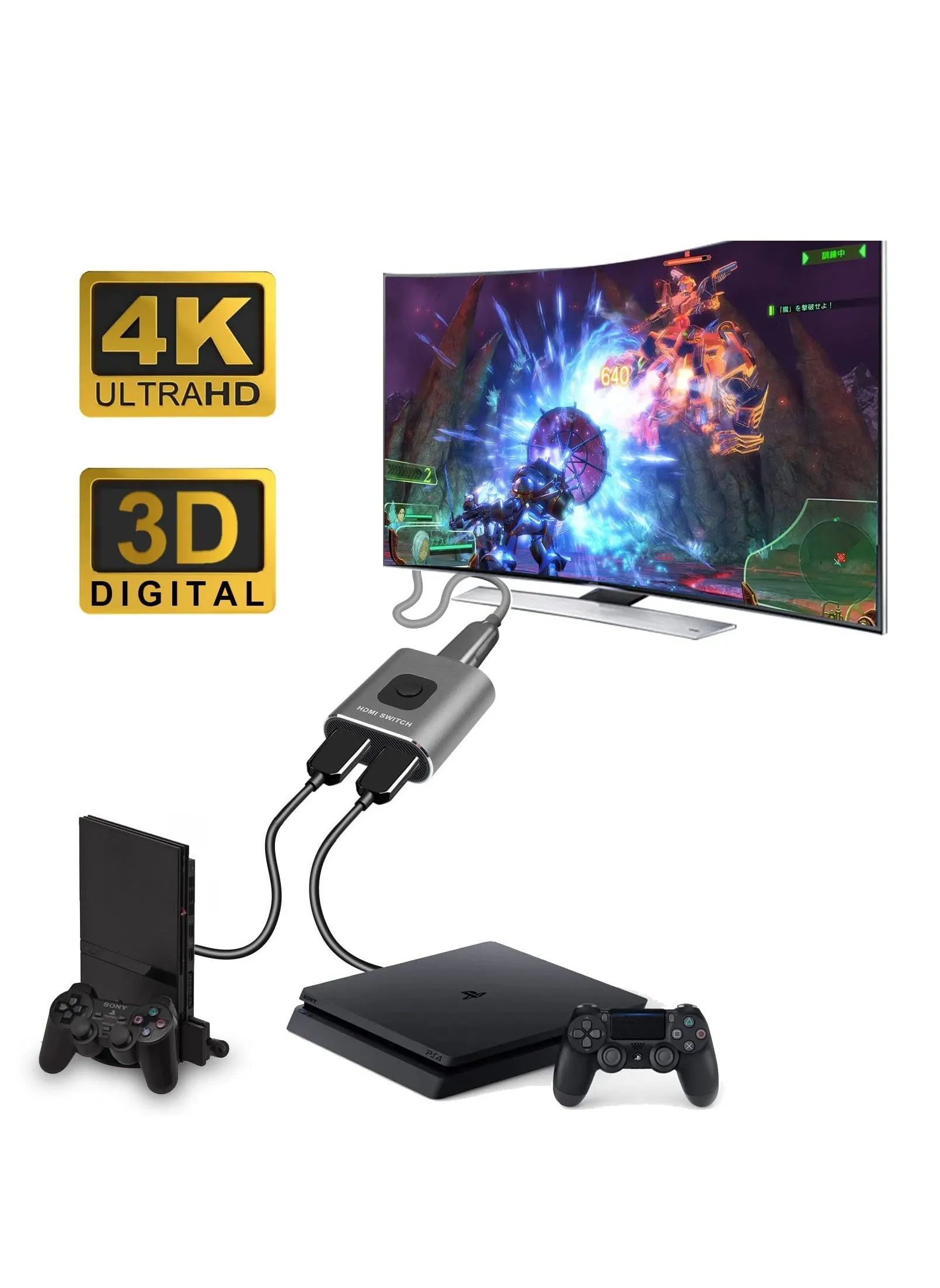 محول HDMI 4K 60Hz، محول HDMI ثنائي الاتجاه 2 في 1، موزع HDMI 1 في 2 مخرج، التوصيل والتشغيل، محول HDMI يدعم 4K 3D 1080P لـ PS4 Xbox Blu-Ray Player Fire Stick PC HDTV (فضي)-2