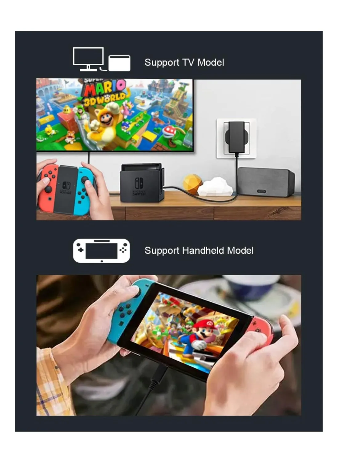 شاحن عالي السرعة لجهاز Nintendo Switch - لوحدة التحكم Dock/OLED/Lite/Pro - شاحن حائط سريع مع كابل Type C - يدعم وضع التلفزيون - خرج 15 فولت 2.6 أمبير - مصدر طاقة فعال للألعاب (1.5 متر)-2