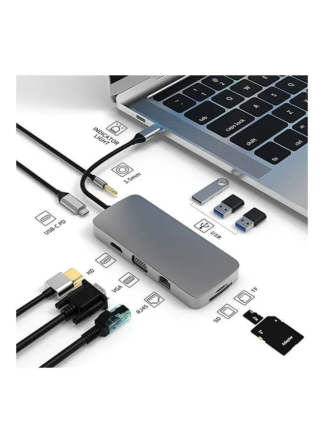 قاعدة شحن 10 في 1 من موزع Type C إلى منفذ 4K متوافق مع منافذ HDMI ، Rj45 ، Vga ، USB ، SD/TD وPD . رمادي-1