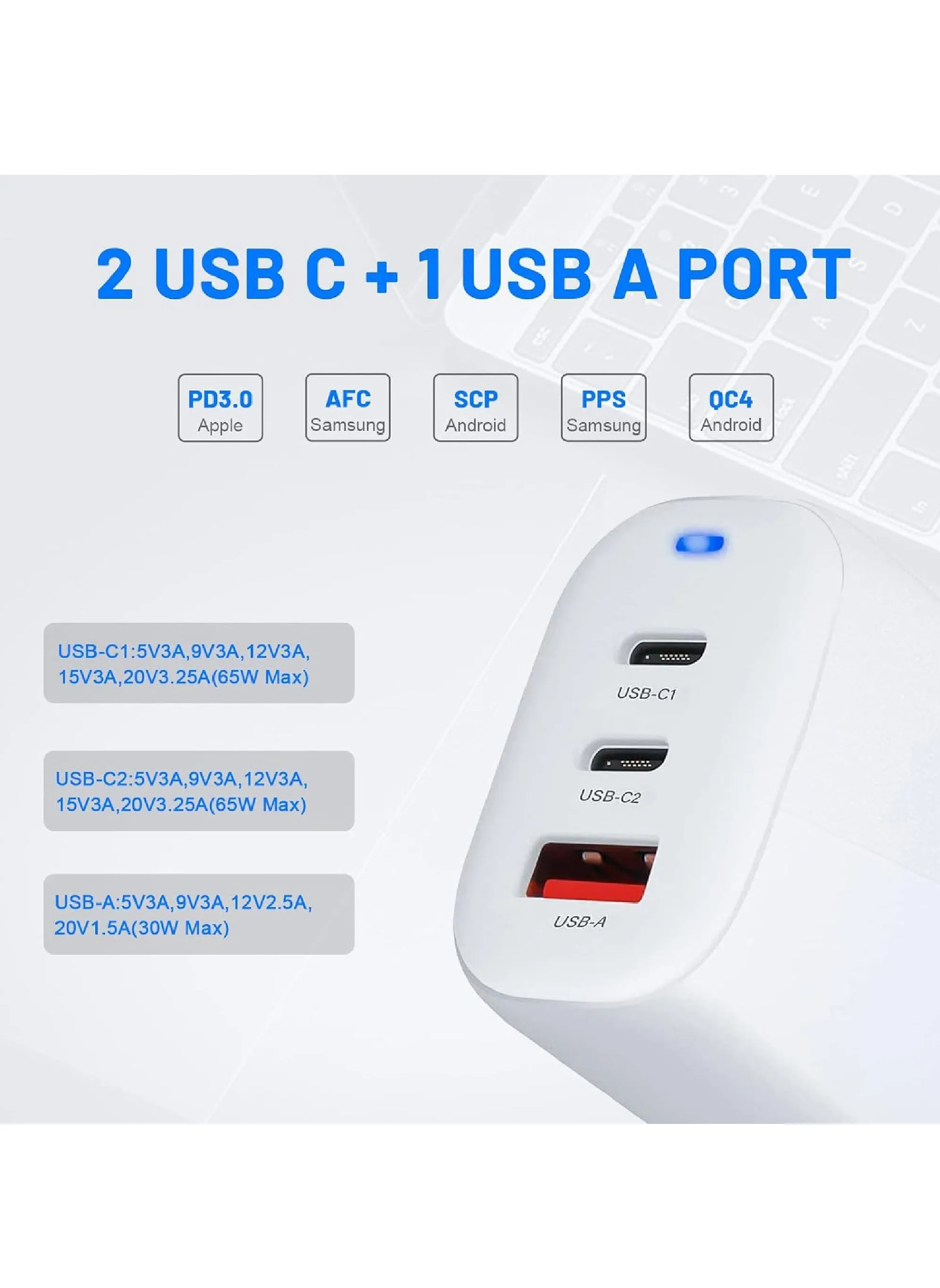 شاحن USB C 65 وات PD 3 منافذ GaN شاحن من النوع C محول طاقة متوافق مع Pad Air MacBook Samsung Galaxy S22/S21Pixel Note 20/10 Pixel 6 Huawei والمزيد (الكابل غير متضمن)-2