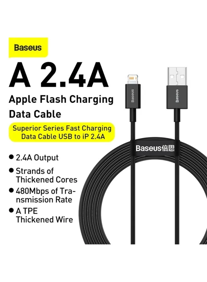 كابل بيانات Baseus Superior للشحن السريع من USB إلى IP 2.4A (2m) أسود أسود-2