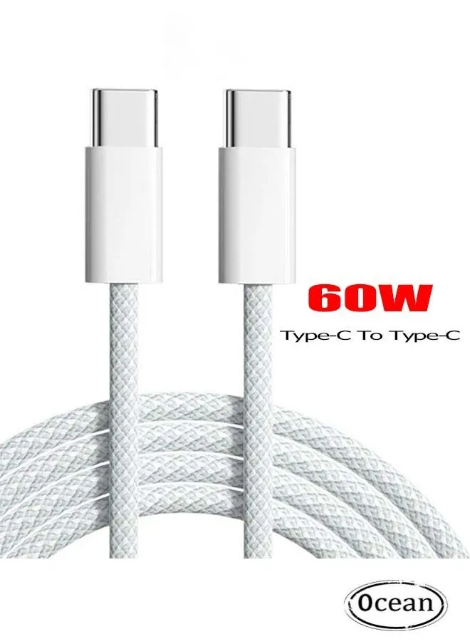 آي فون الشاحن كورد، 60W USB C مع كابل شحن 2M نسج، Type-C إلى Type-C، مناسب ل 16/بلس/برو/برو ماكس، آي فون 15 السلسلة الكاملة، ماك بوك، آي باد برو/أير، و مور، وايت-1