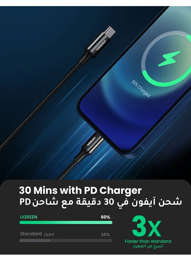 كيبل آيفون مضيء معتمد من MFI يشحن بسرعة 60 واط ونوع USB C  متوافق مع  iPhone 14/14 Plus/ 14 Pro/14 Pro Max/iPhone 13/12/XS/Pro Max /Pro/ ipad 9 لون أسود وطول متر واحد أسود-2