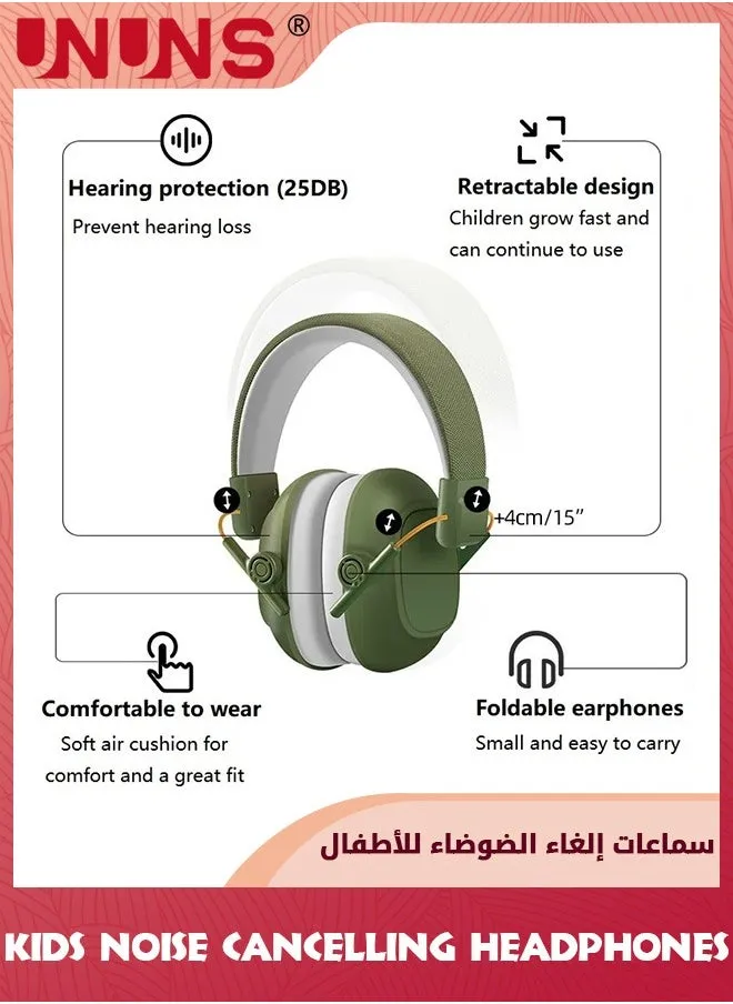 سماعات رأس عازلة للضوضاء للأطفال، سماعات أذن لحماية السمع، سماعات رأس قابلة للطي وقابلة للتعديل ومانعة للضوضاء للأطفال الصغار المصابين بالتوحد والبالغين، مثالية للنوم والدراسة والرماية، باللون الأخضر الداكن-2