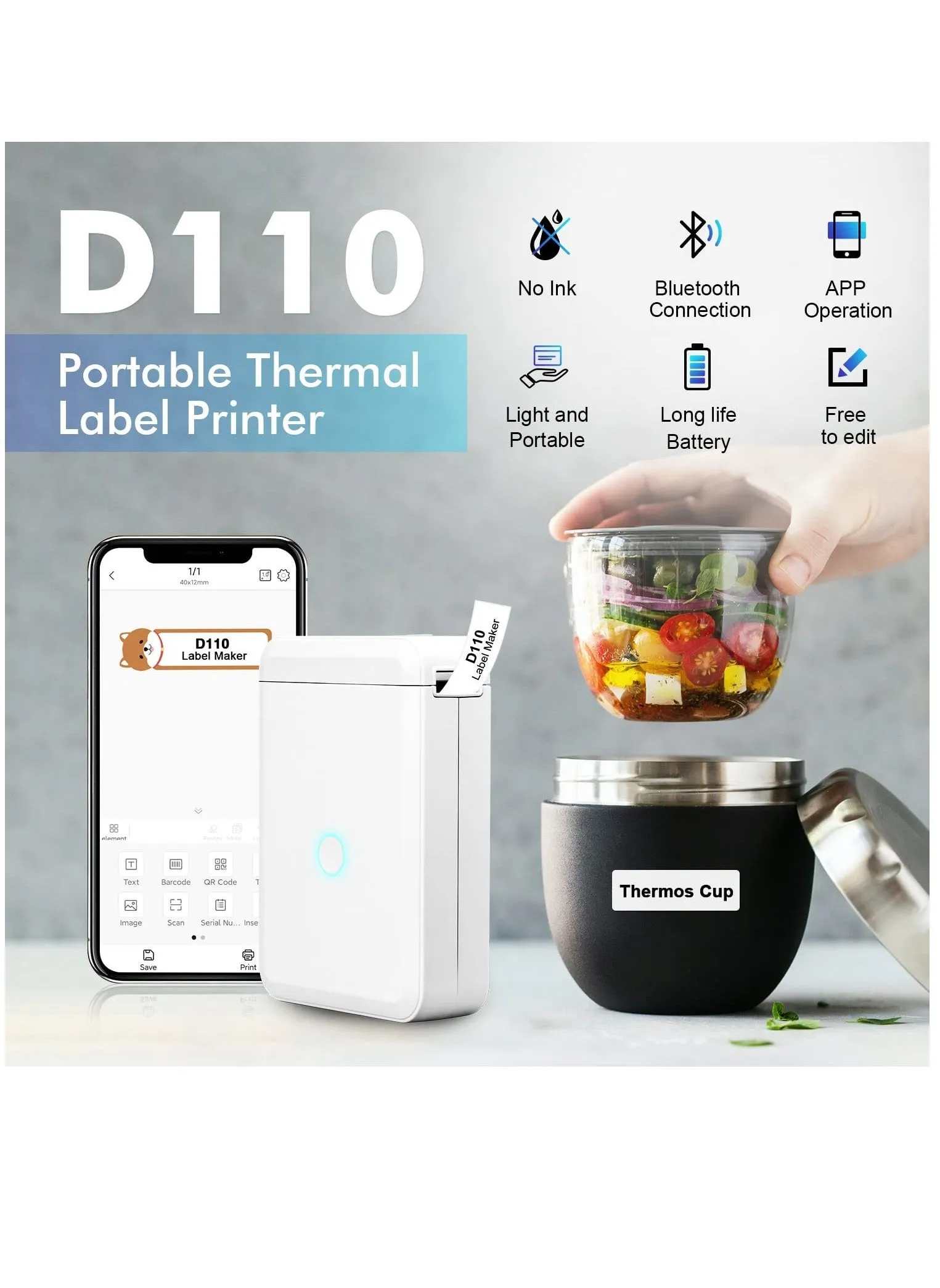 Label Maker Machine D110, Mini with Tape, Portable Bluetooth Printer for Labeling, Home, Office, Organization, Multiple Templates Available Phone, Handheld Labeler-2