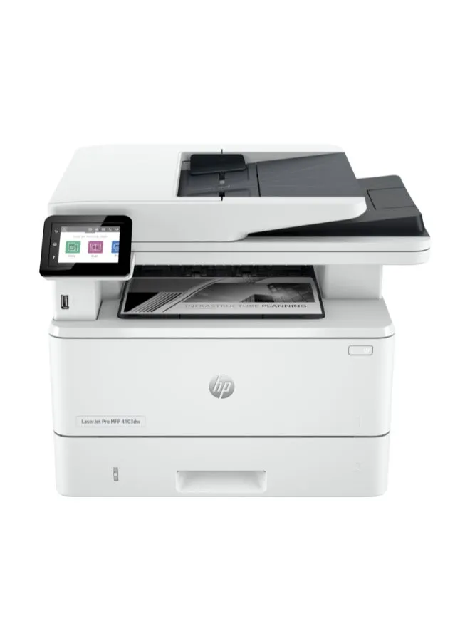 طابعة LaserJet Pro MFP 4103dw، شاشة لمس ملونة مقاس 2.7 بوصة، سرعة طباعة تصل إلى 42 صفحة في الدقيقة، سرعة نسخ تصل إلى 40 نسخة في الدقيقة، سعة 50 ورقة لوحدة تغذية المستندات التلقائية 2Z627A-1