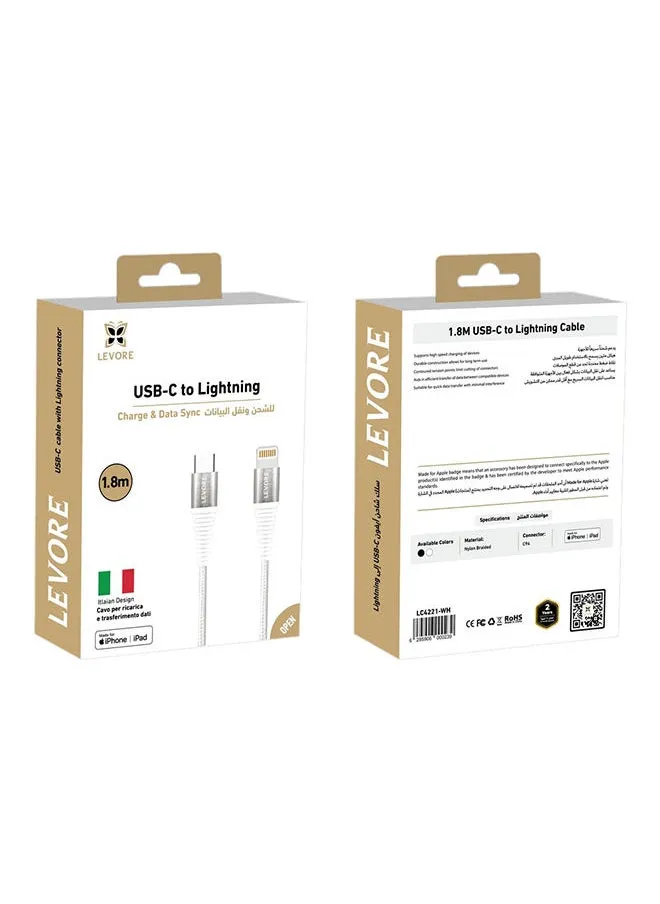 Levore USB-C to Lightning Nylon Cable MFI Certified 1.8m - White-2