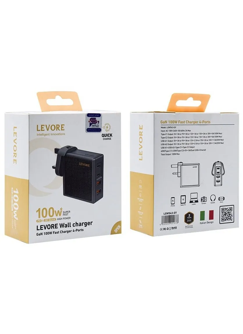 Levore Wall Charger Super Fast With GaN 2 USB-C Ports and 2 USB Port 100W - Gray-1