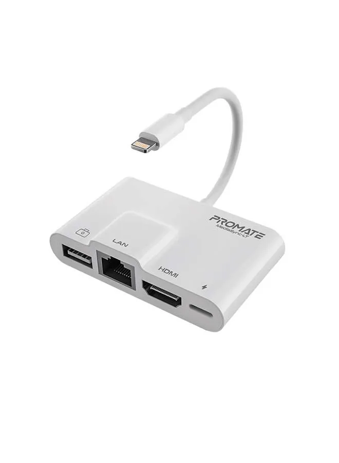 موزع لايتنينج، 4 في واحد محول وسائط متعددة ممتاز بمنفذ HDMI 1080p ومنفذ إيثرنت RJ45 بسرعة 10/100 ميجابت في الثانية، ومنفذ USB لنقل بيانات سريع ومنفذ شحن لايتنينج لهاتف آيفون 13، طراز ميديا سينك-LT أبيض-1