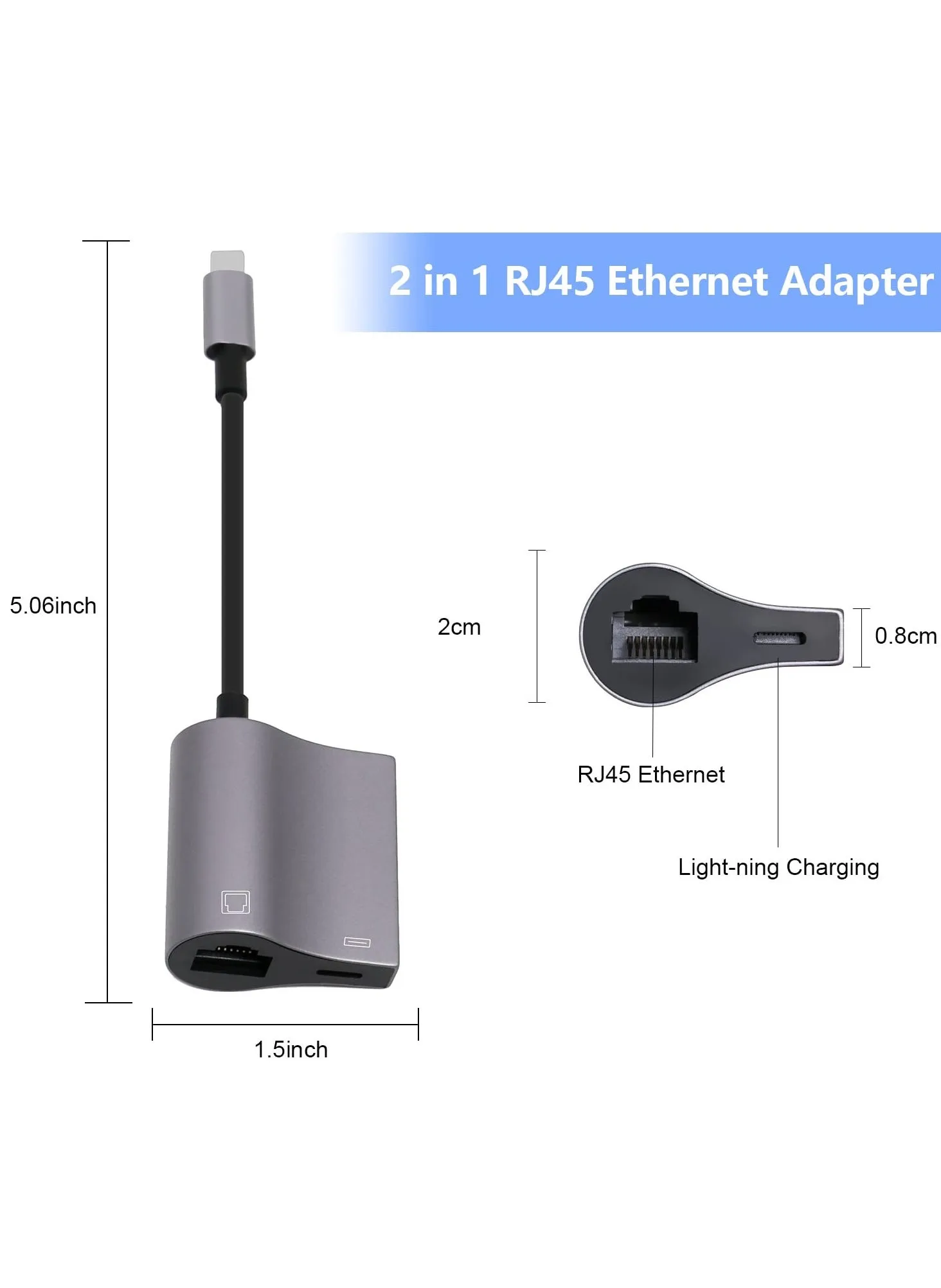 محول لايتنينج إلى إيثرنت، محول شبكة LAN إيثرنت 2 في 1 RJ45 مع منفذ شحن للهاتف، سرعة عالية 10/100 ميجابت في الثانية، للألعاب ومشاهدة الفيديو-2