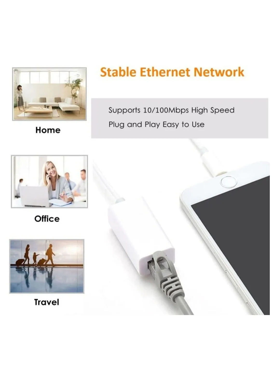 محول Lightning إلى Ethernet، كابل محول شبكة LAN Ethernet RJ45 مع موصل 8 دبابيس متوافق مع iPhone 13/12/11/XS/XR/X/8/7/iPad/iPod، التوصيل والتشغيل، يدعم 100 ميجابت في الثانية [معتمد من MFi]-2