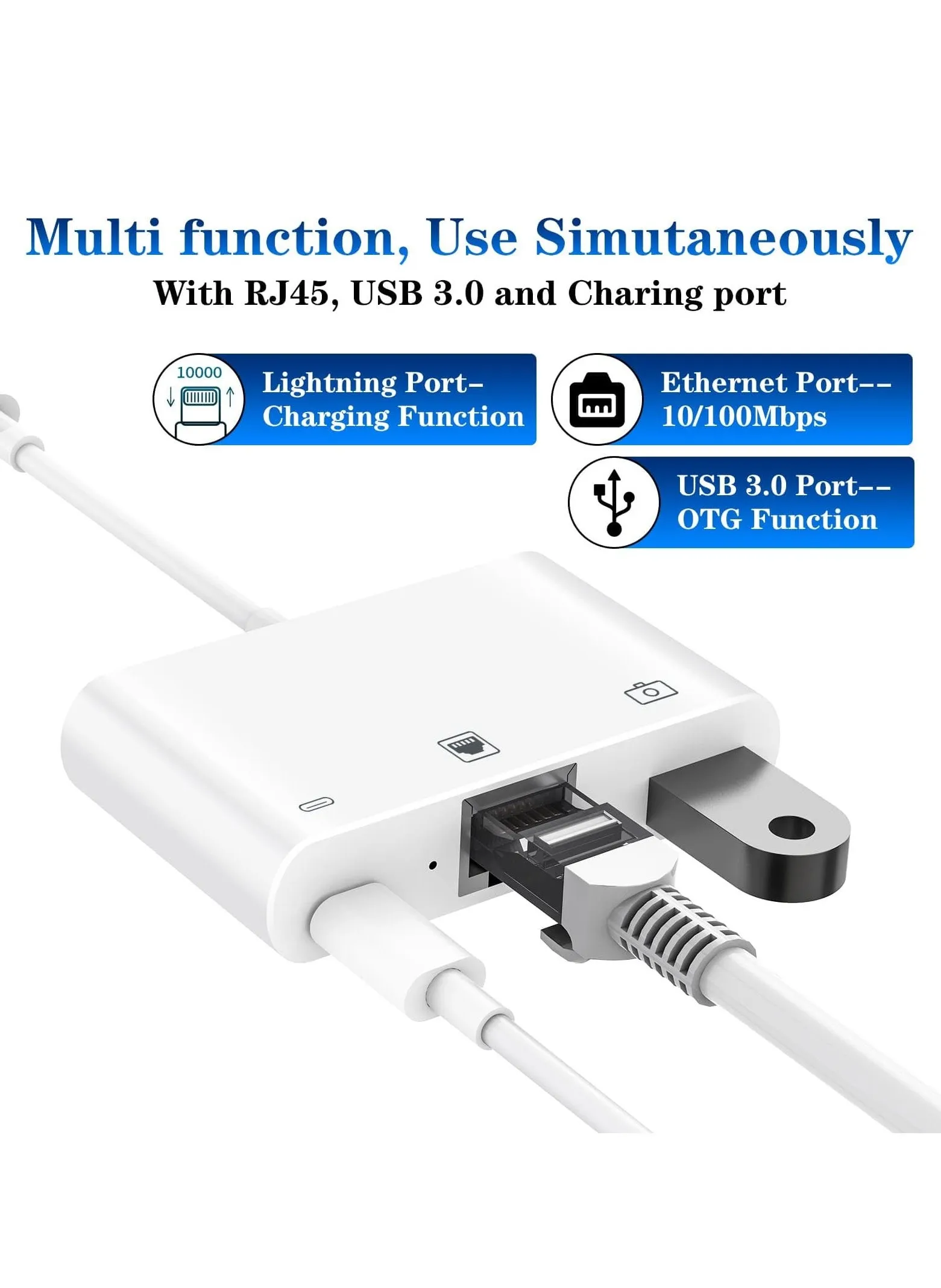 محول إيثرنت من Lightning إلى RJ45 لجهاز iPhone/iPad، محول شبكة LAN إيثرنت RJ45 3 في 1 مع محول كاميرا USB 3.0 ومنفذ شحن Lightning، يدعم شبكة إيثرنت بسرعة 100 ميجابت في الثانية-2