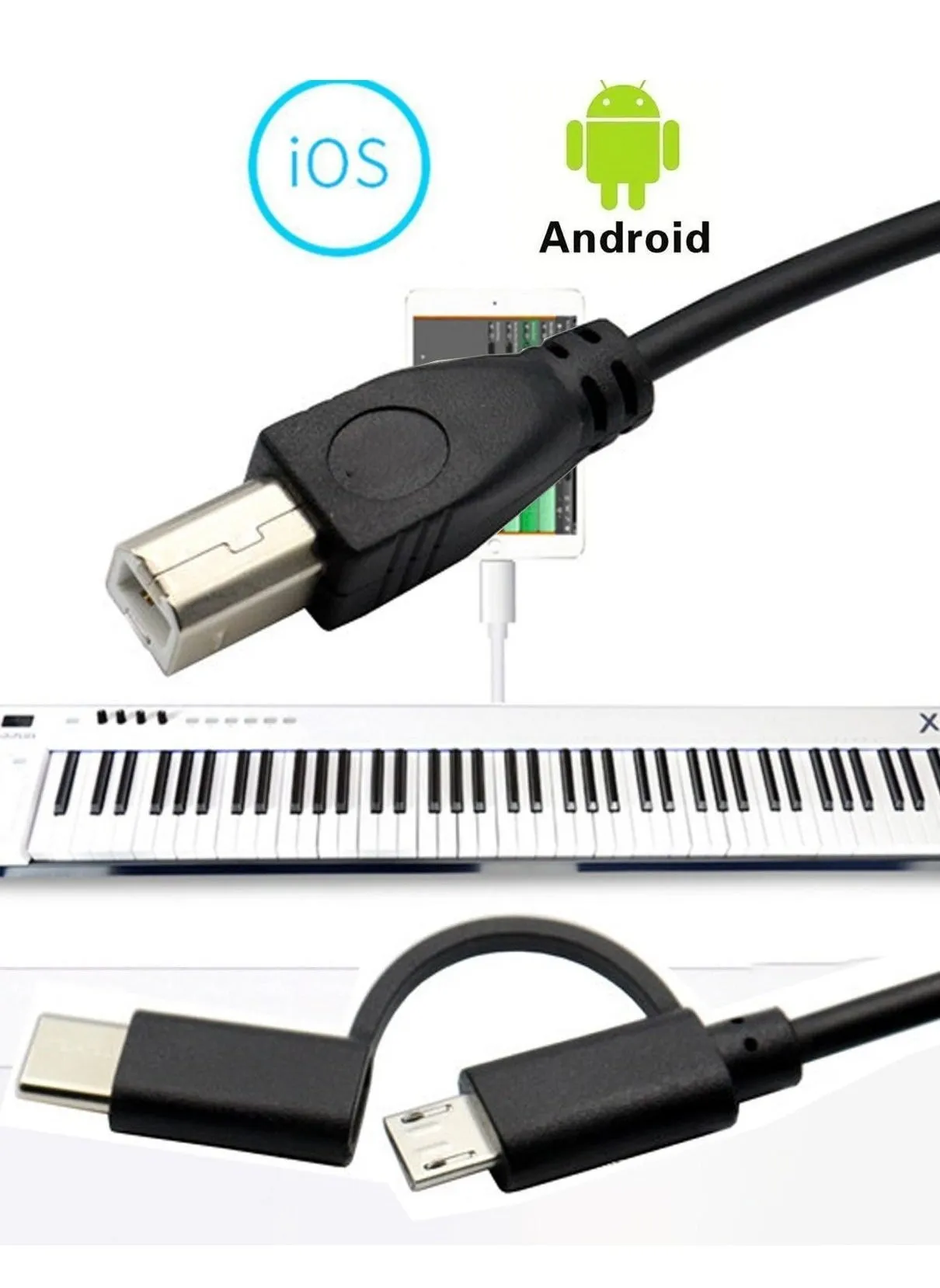 كابل طابعة MIAOYAN Micro USB / Type-C ثنائي في واحد للبيانو الإلكتروني يسمح كابل MIDI للآلات الموسيقية بالاتصال بسهولة بالهواتف المحمولة والأجهزة اللوحية-1