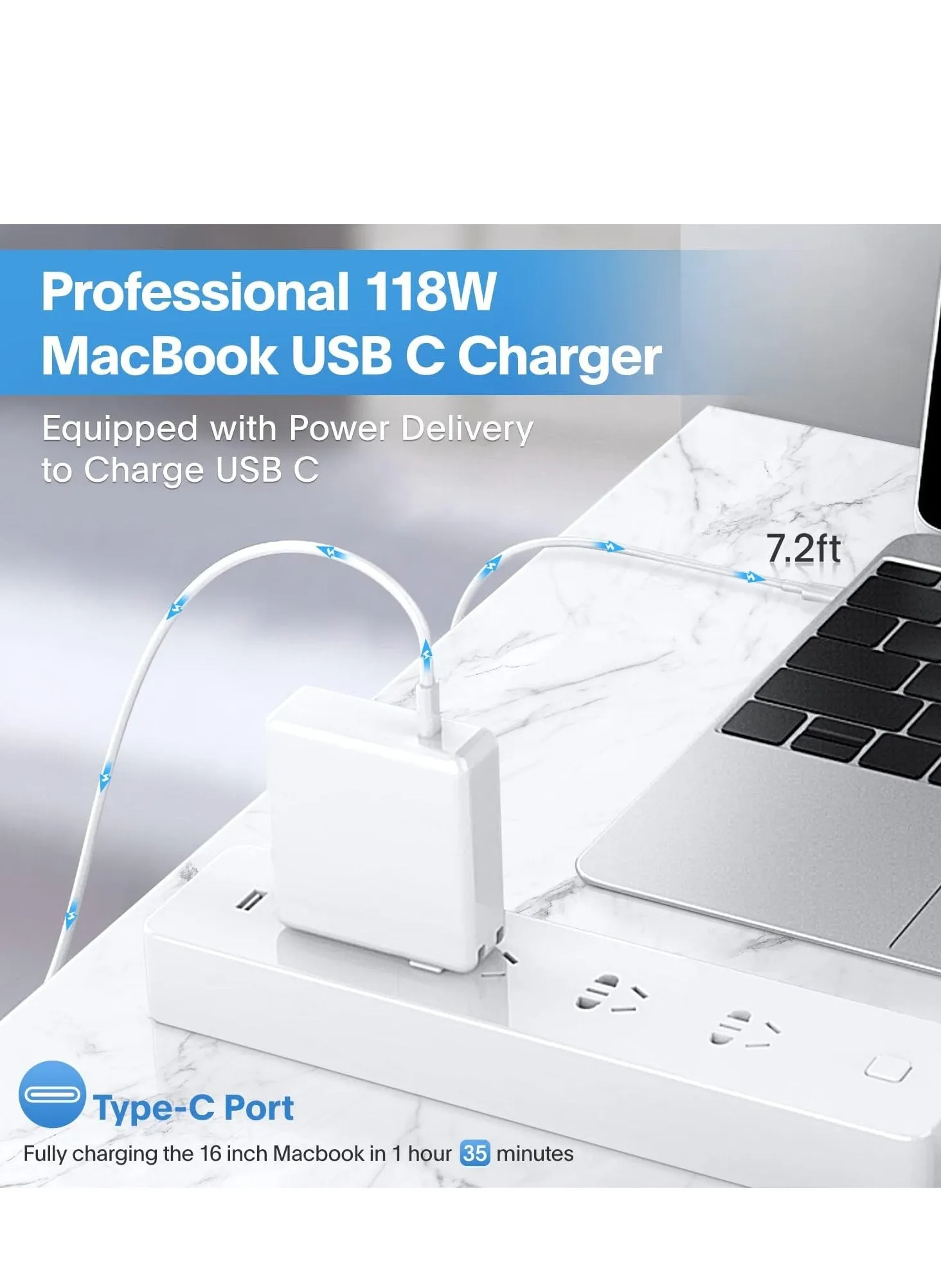 شاحن ماك بوك برو، شاحن USB C بقوة 118 واط، شاحن سريع لمنفذ USB C، ماك بوك برو وماك بوك إير، آيباد برو، سامسونج جالاكسي وجميع أجهزة USB C، يتضمن كابل شحن-2