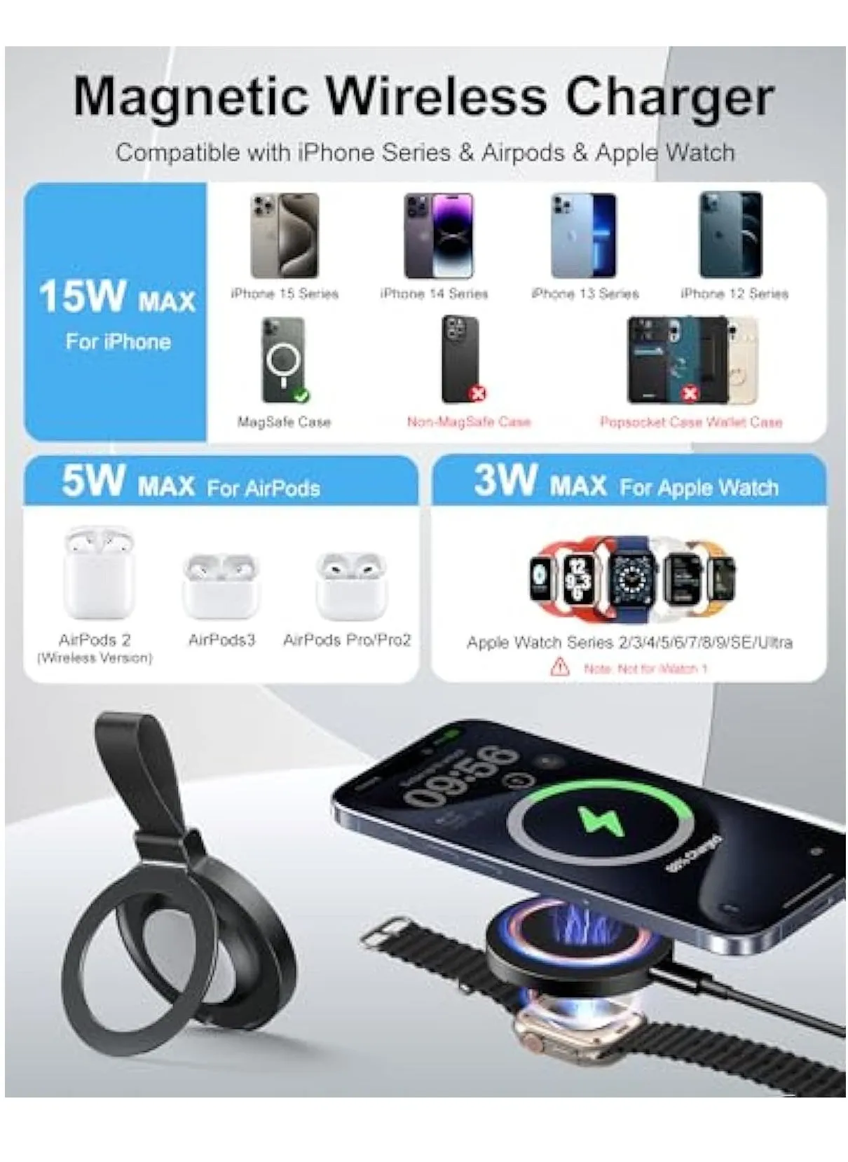 Magnetic Wireless Charger, Magnetic Wireless Apple Mag-Safe Charger, Fast Charging Pad with Kickstand, USB C Cable, for Apple - iPhone 15/14/13/12 Pro Max Plus Mini, Apple Watch-2