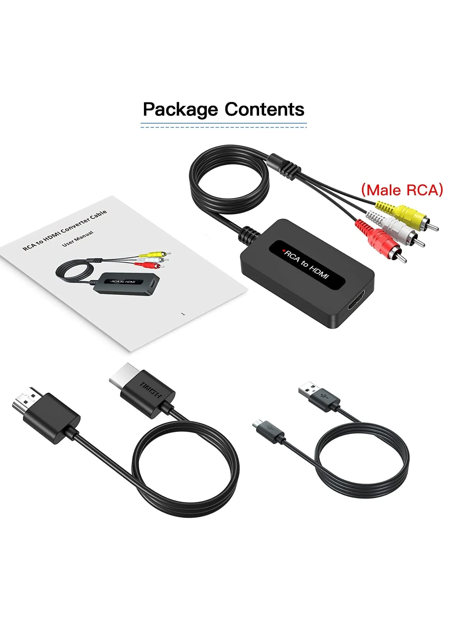 محول كابل RCA ذكر إلى HDMI مع كابلات HDMI وRCA، محول CVBS مركب AV إلى HDMI، محول RCA في مخرج HDMI، مفتاح إخراج Full HD 720P/ 1080P لـ DVD، STB، Roku مع مخرج RCA أنثى-2