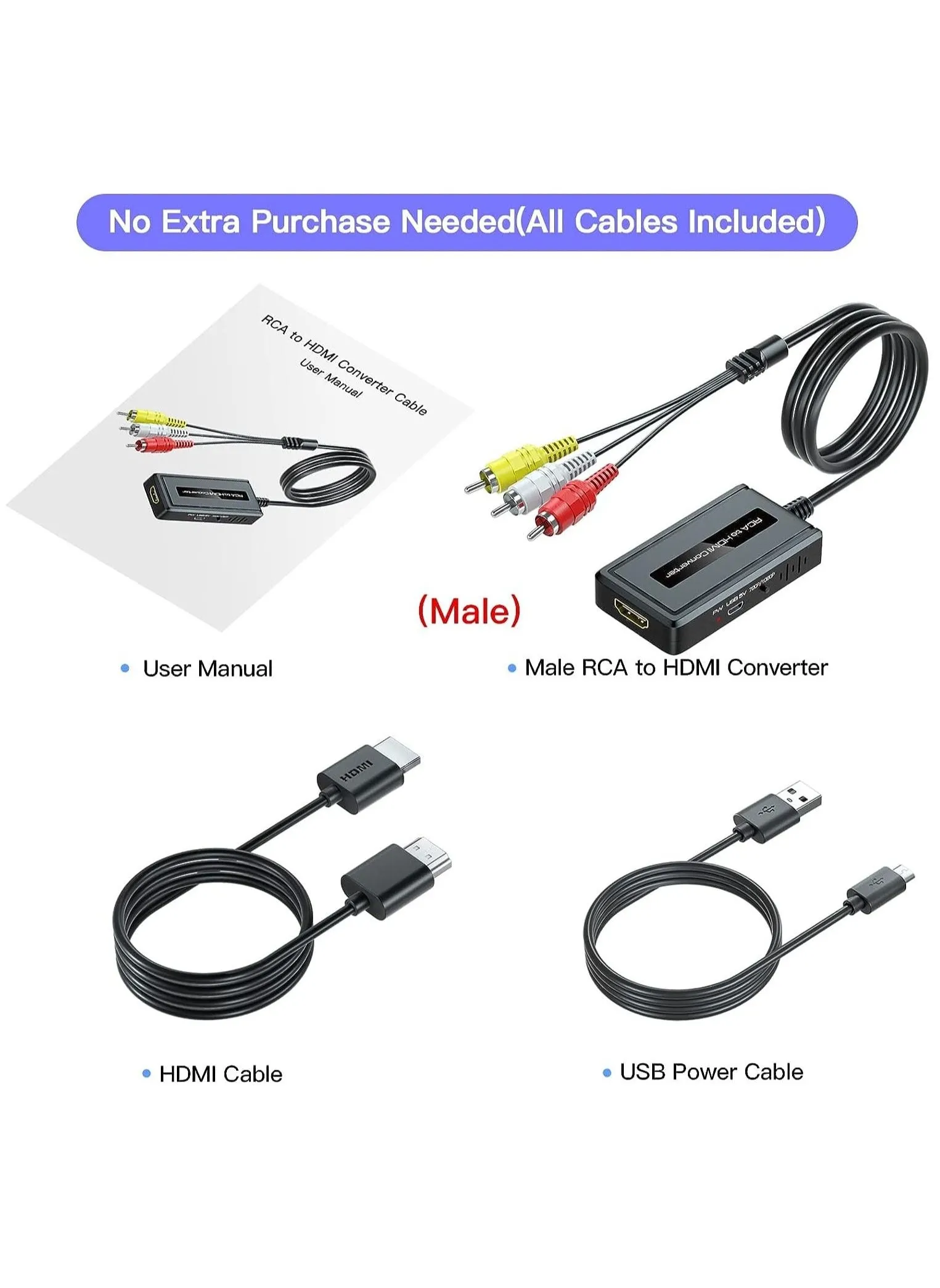 محول ذكر RCA إلى HDMI مع كابل HDMI لـ DVD/STB/VHS مع مخرج RCA أنثى (كابل RCA مدمج)، محول CVBS AV المركب إلى HDMI يدعم مفتاح إخراج Full HD 720P/1080P-2