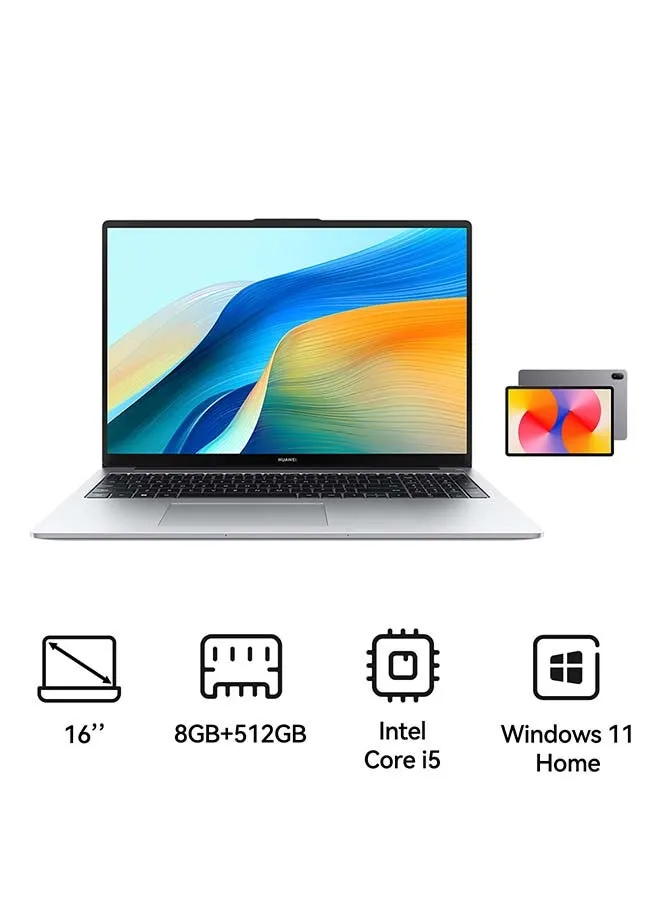 كمبيوتر محمول MateBook D 16 بشاشة عرض كاملة مريحة للعين مقاس 16 بوصة ومعالج Core i5-12450H وذاكرة وصول عشوائي 8 جيجابايت وذاكرة SSD سعة 512 جيجابايت وبطاقة رسومات Intel UHD وWindows 11 Home + جهاز لوحي من هواوي Matepad SE 11 بسعة 6 جيجابايت وذاكرة وصول عشوائي 128 جيجابايت وواي فاي-1