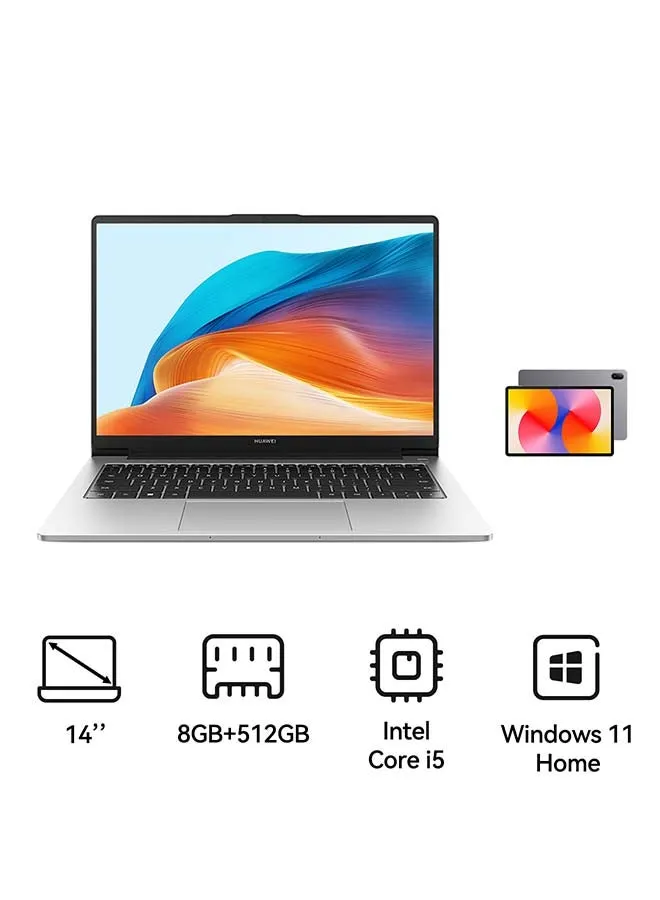 كمبيوتر محمول MateBook D14 بشاشة 14 بوصة عالية الدقة، معالج Core i5-12450H/ذاكرة وصول عشوائي 8 جيجابايت/محرك أقراص SSD سعة 512 جيجابايت/رسومات Intel UHD/نظام التشغيل Windows 11 Home + جهاز لوحي من هواوي Matepad SE 11 بسعة 6 جيجابايت +128 جيجابايت واي فاي-1