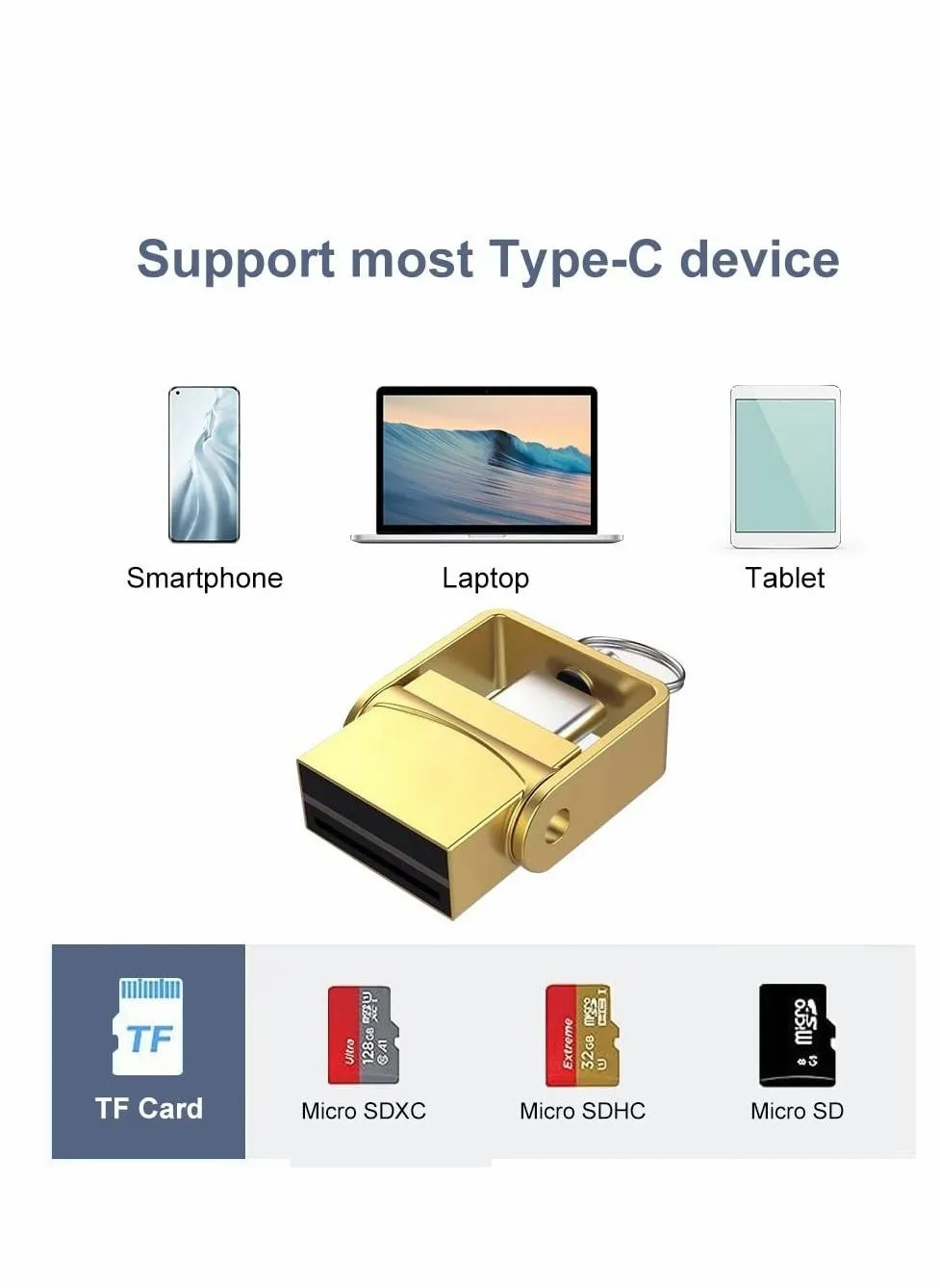 قارئ بطاقة Micro SD، قارئ بطاقة USB C TF، محول USB C إلى بطاقة Micro SD/TF متوافق مع MacBook، أجهزة الكمبيوتر المحمولة، الأجهزة اللوحية، الهواتف الأندرويد، ذهب-2