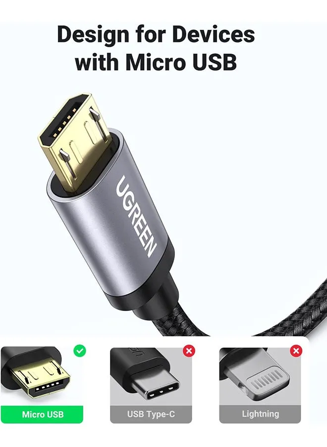 كابل مايكرو USB بطول 0.5 مم من النايلون المضفر يدعم خاصية الشحن السريع ومتوافق مع أجهزة أندرويد ونوت ونيكسس، ونوكيا وجهاز ألعاب بلايستيشن 4 أسود-2